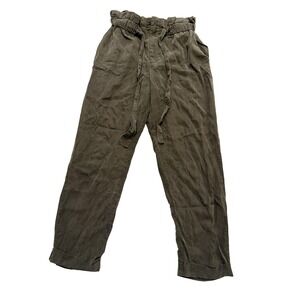 Mango Pants Womens XS Green High Rise Paperbag Waist Belted Tapered Twill Casual